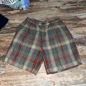Nautica Skipper 100% Linen Plaid Shorts Men's Size 34 Green Tan Brick Red